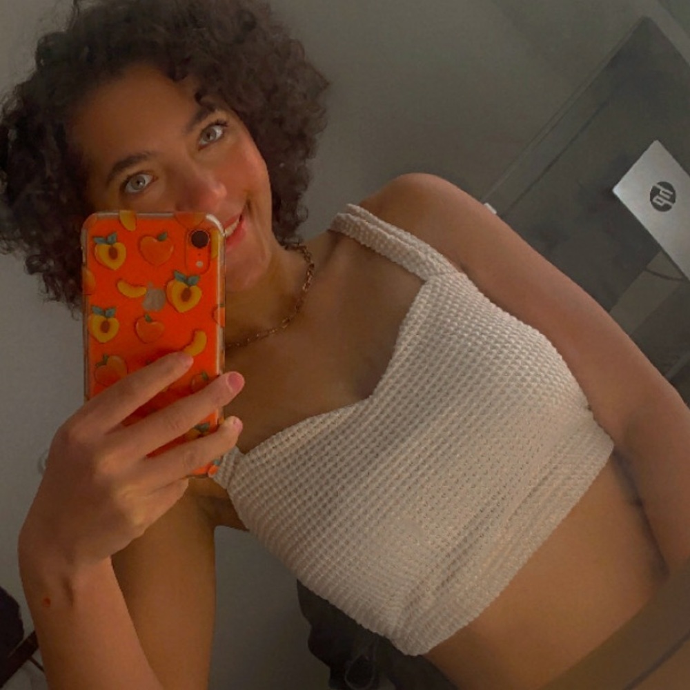 SHEIN crop top, size Small, beige white. Requires low bra or bra stickers.